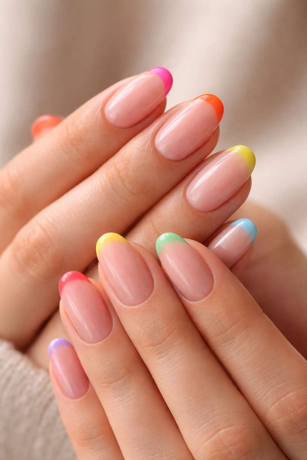 Close-up of hands showing rainbow-tipped nails on nude base, each nail with a different bright tip color