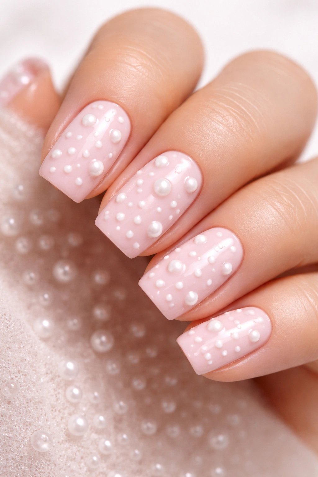Pale pink nails with raised white dot textures across the surface