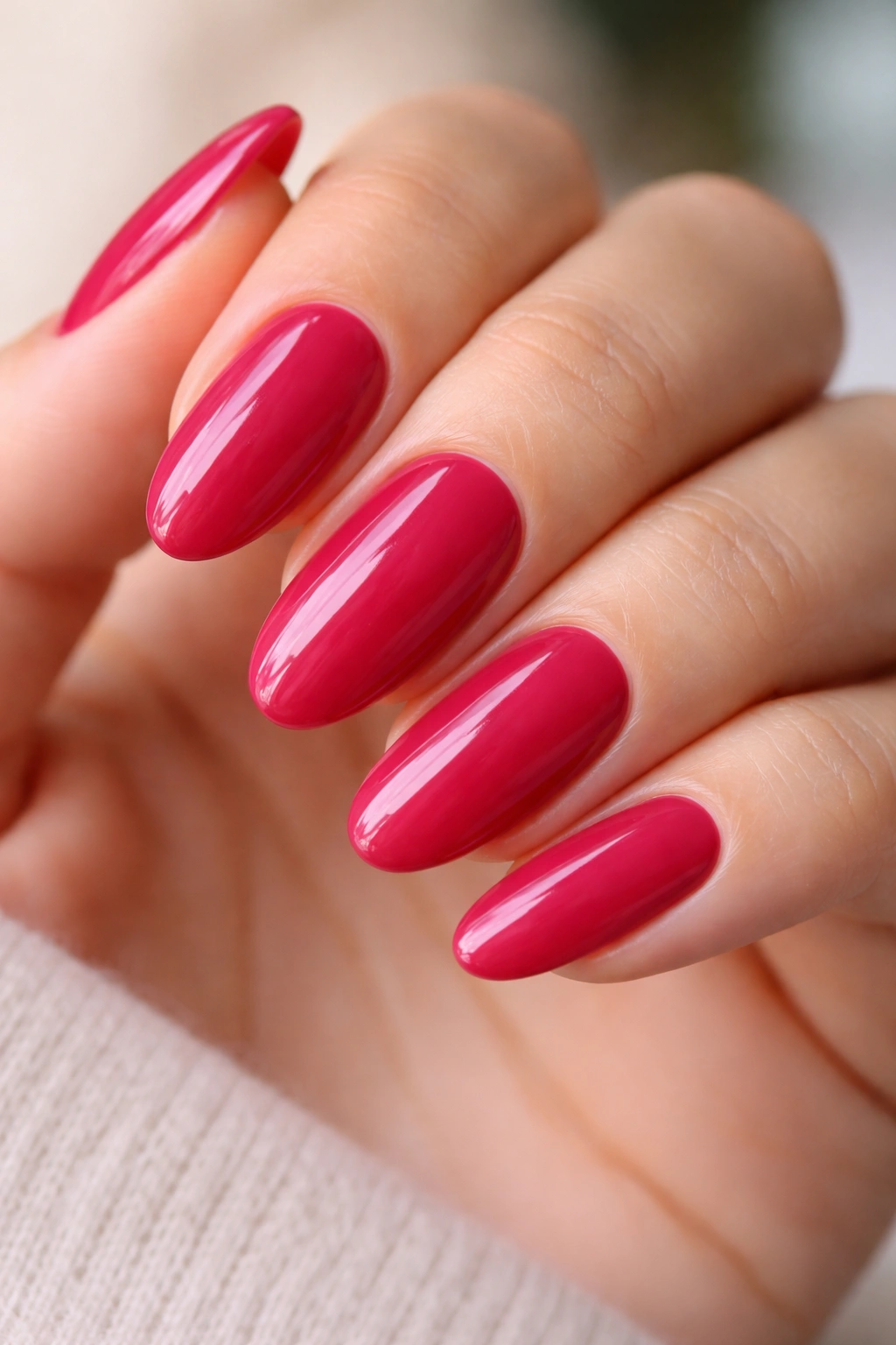 Close-up of long oval nails painted raspberry with glossy finish