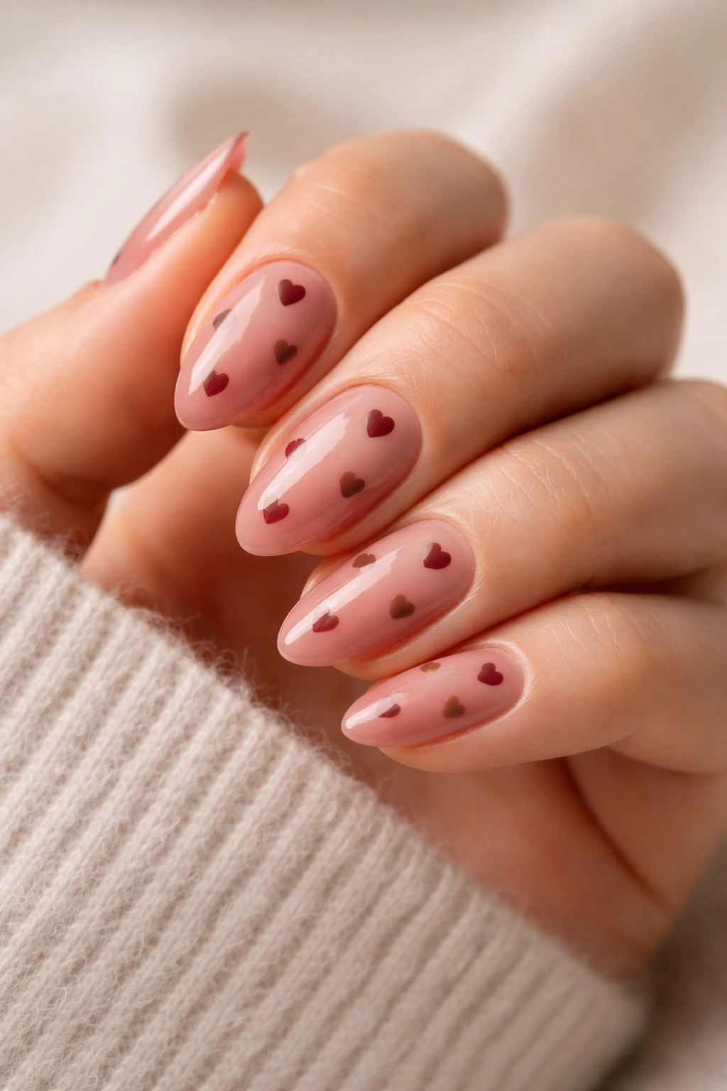 Short almond nails with a faded raspberry base and tiny hearts