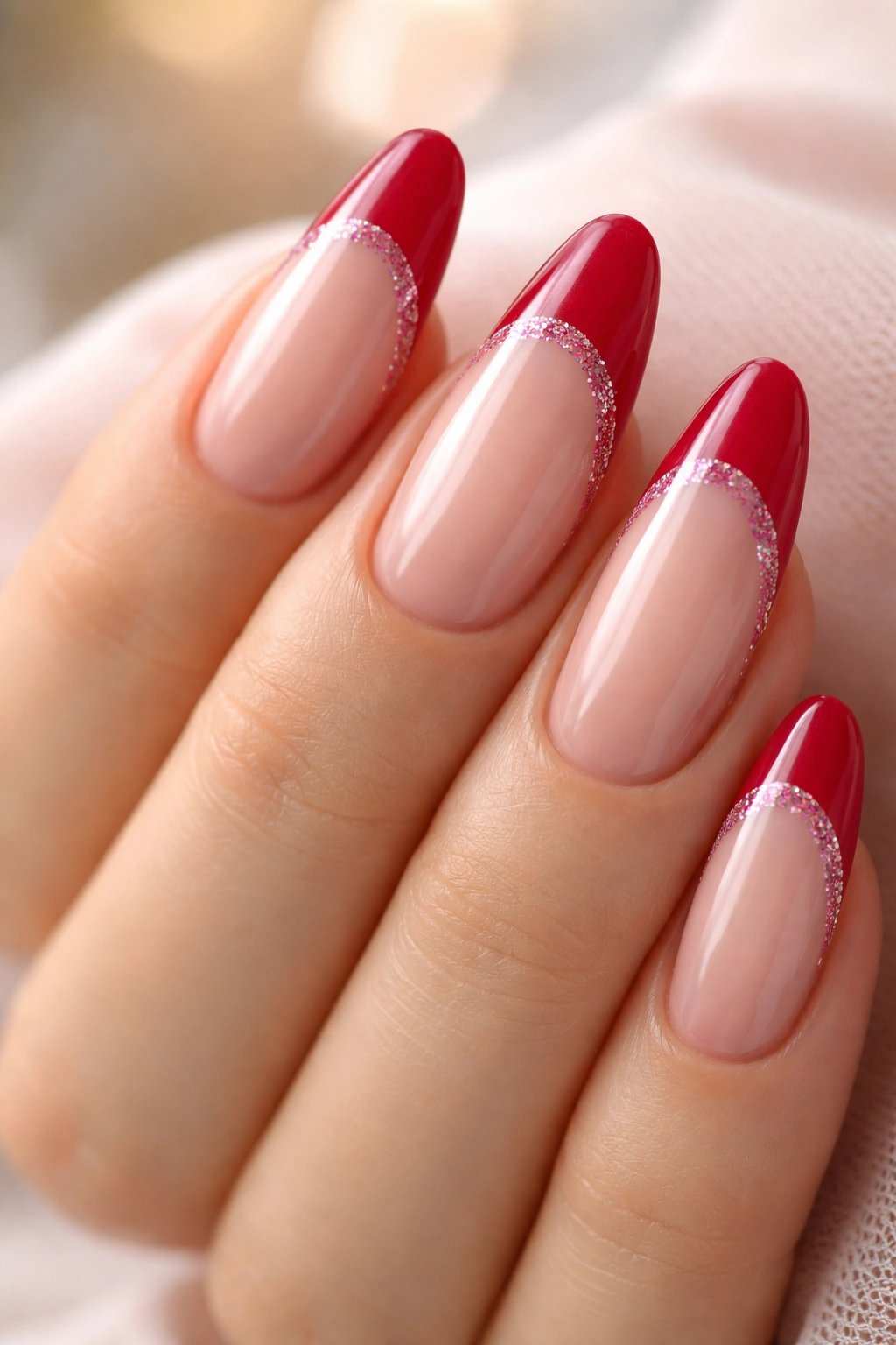 Close-up of almond nails with raspberry red tips and pink glitter accent on nude base