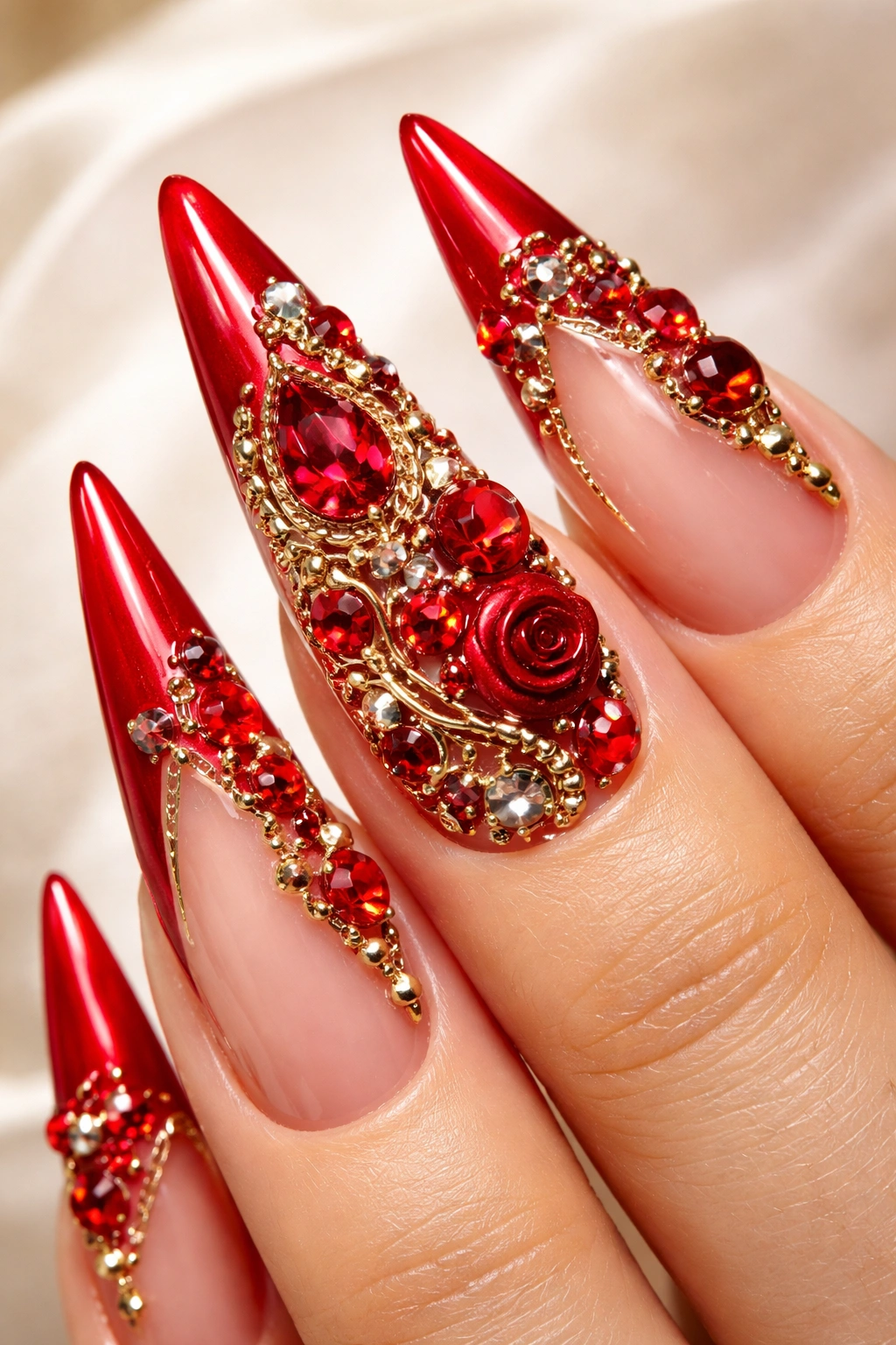 Close-up of red stiletto nail with 3D embellishments.