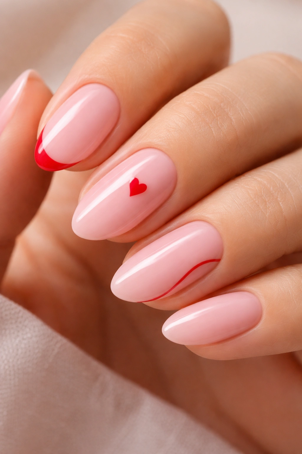 Nails showing different red accents on pink almond nails to illustrate selection