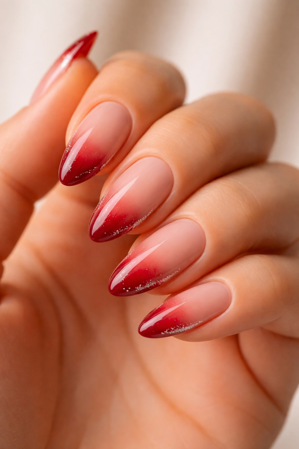 Close-up of almond nails with red French fade and silver glitter border