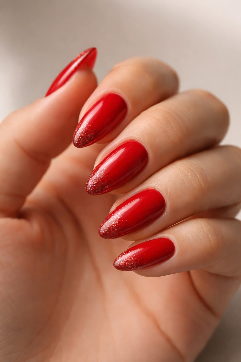 Close-up of red almond nails with glitter tips on a neutral background