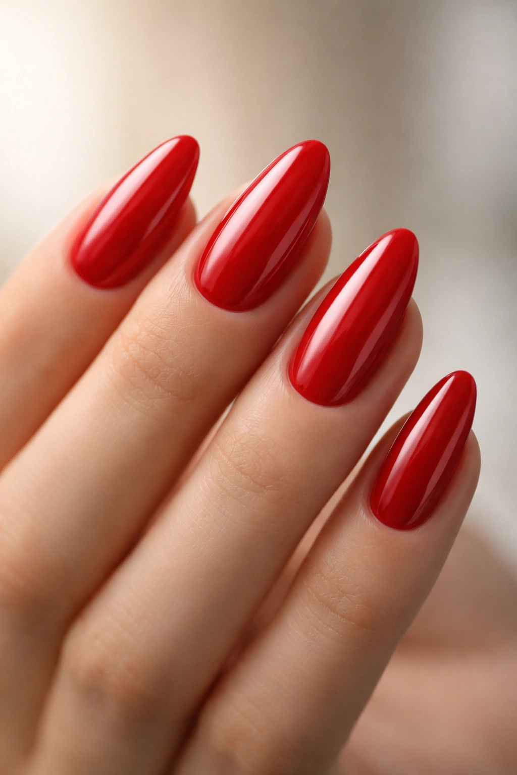 Close-up of glossy red almond-shaped nails on a hand