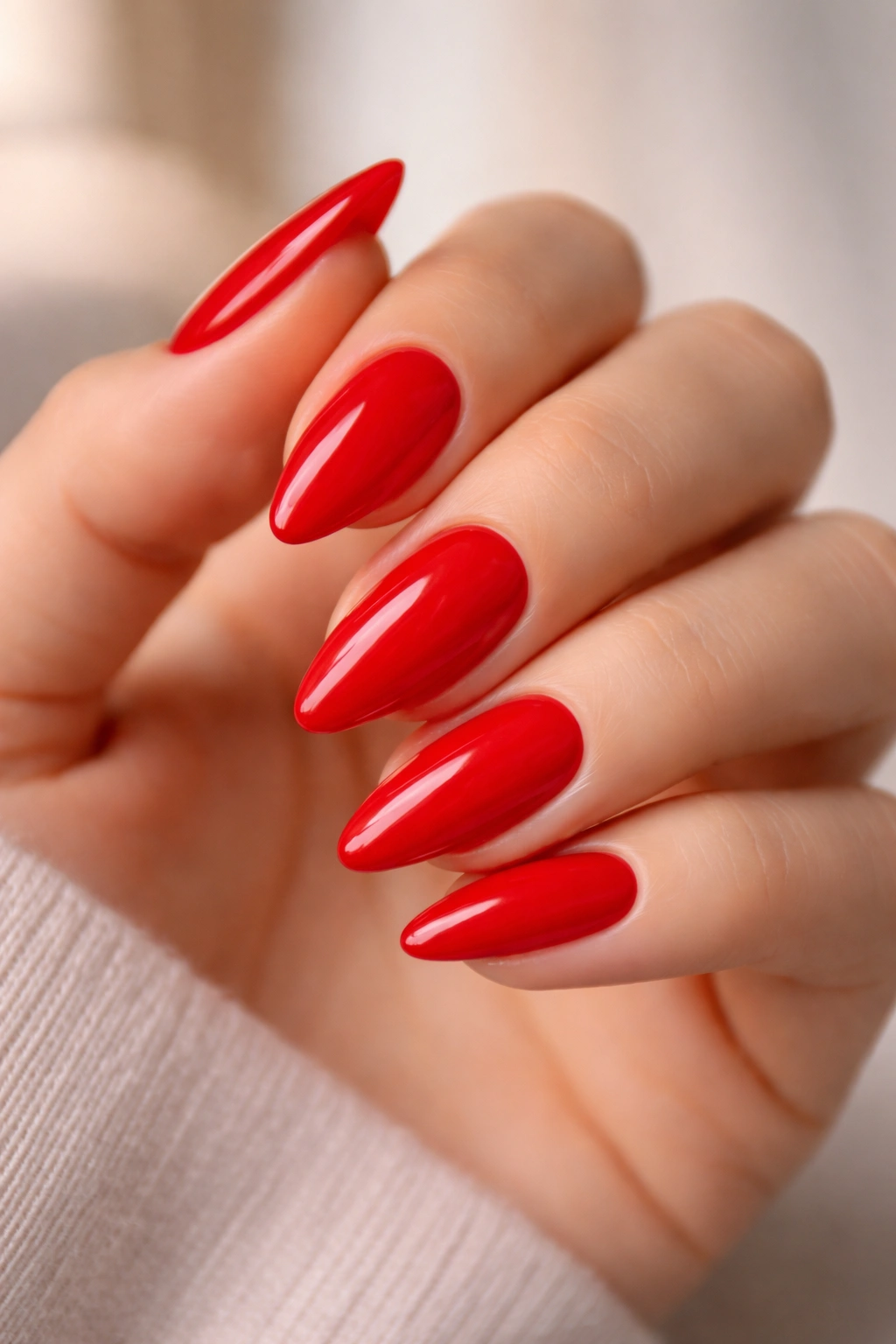 Close-up of bright red almond nails with lacquered gloss