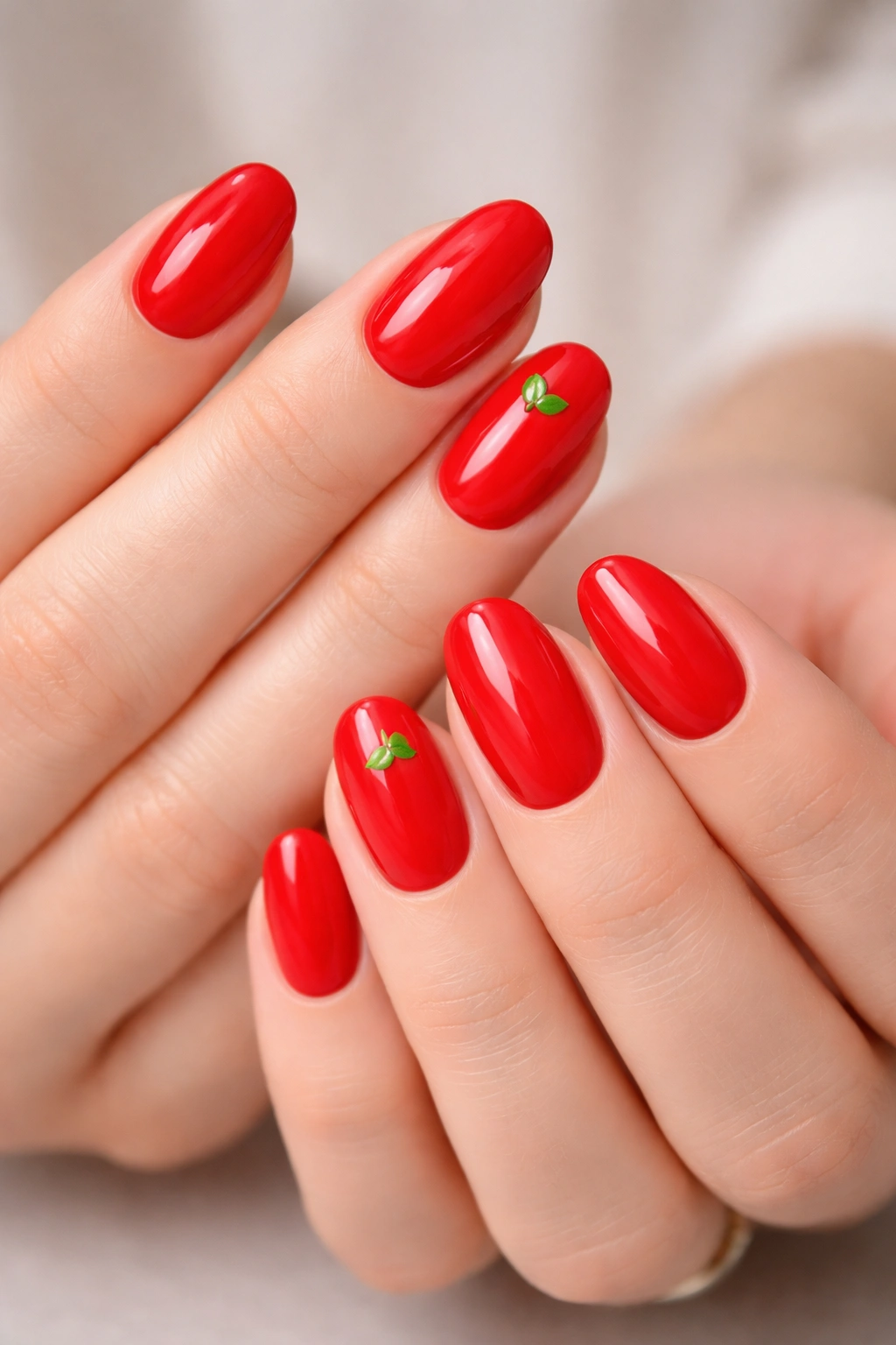 Close-up of hands with bright red apple nails and green leaf accent