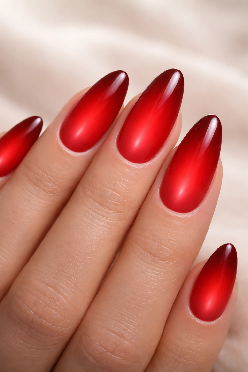 Close-up of red aura nails featuring a center bright red gradient fading to burgundy