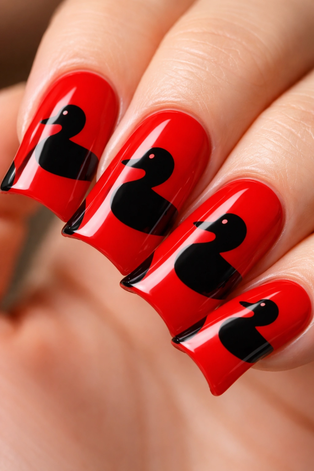 Red-based nail with bold black duck silhouette
