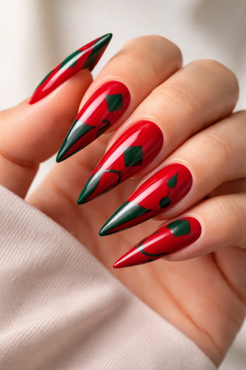 Close-up of stiletto nails with red base and green geometric shapes