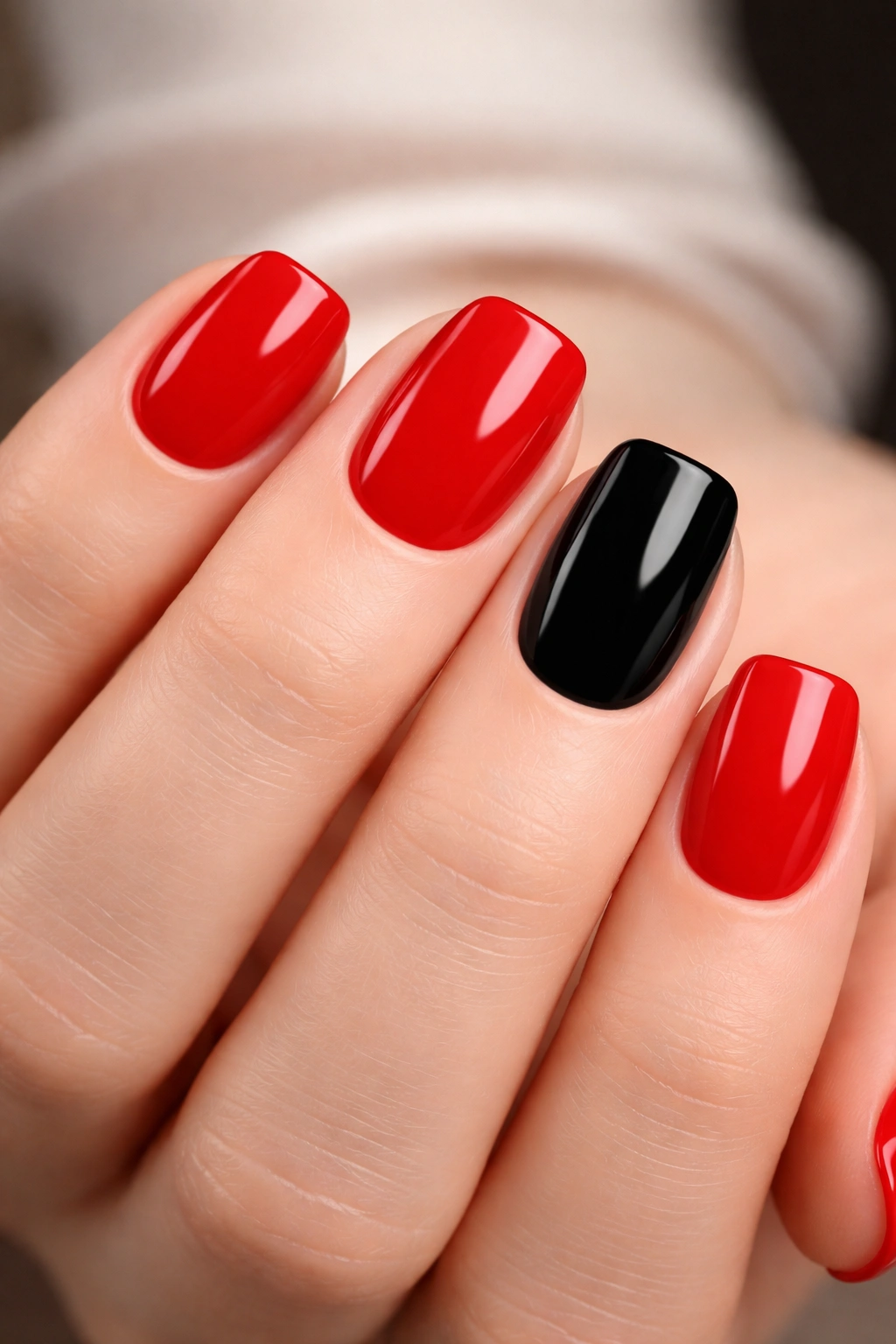 Short squoval nails with four red nails and one black accent nail