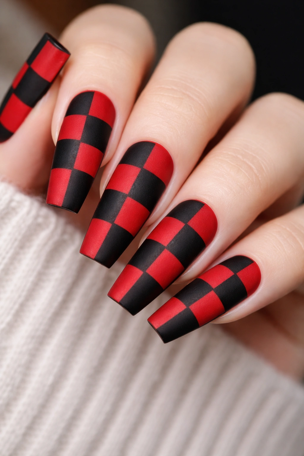 Coffin nails with red and black checkered pattern