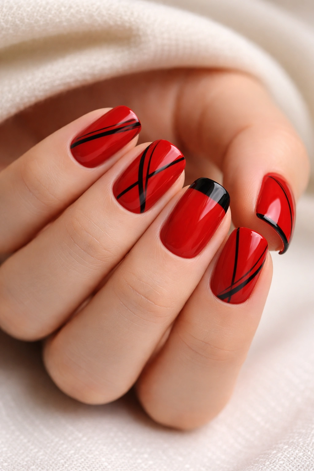 Red squoval nails with black lines for edgy contrast