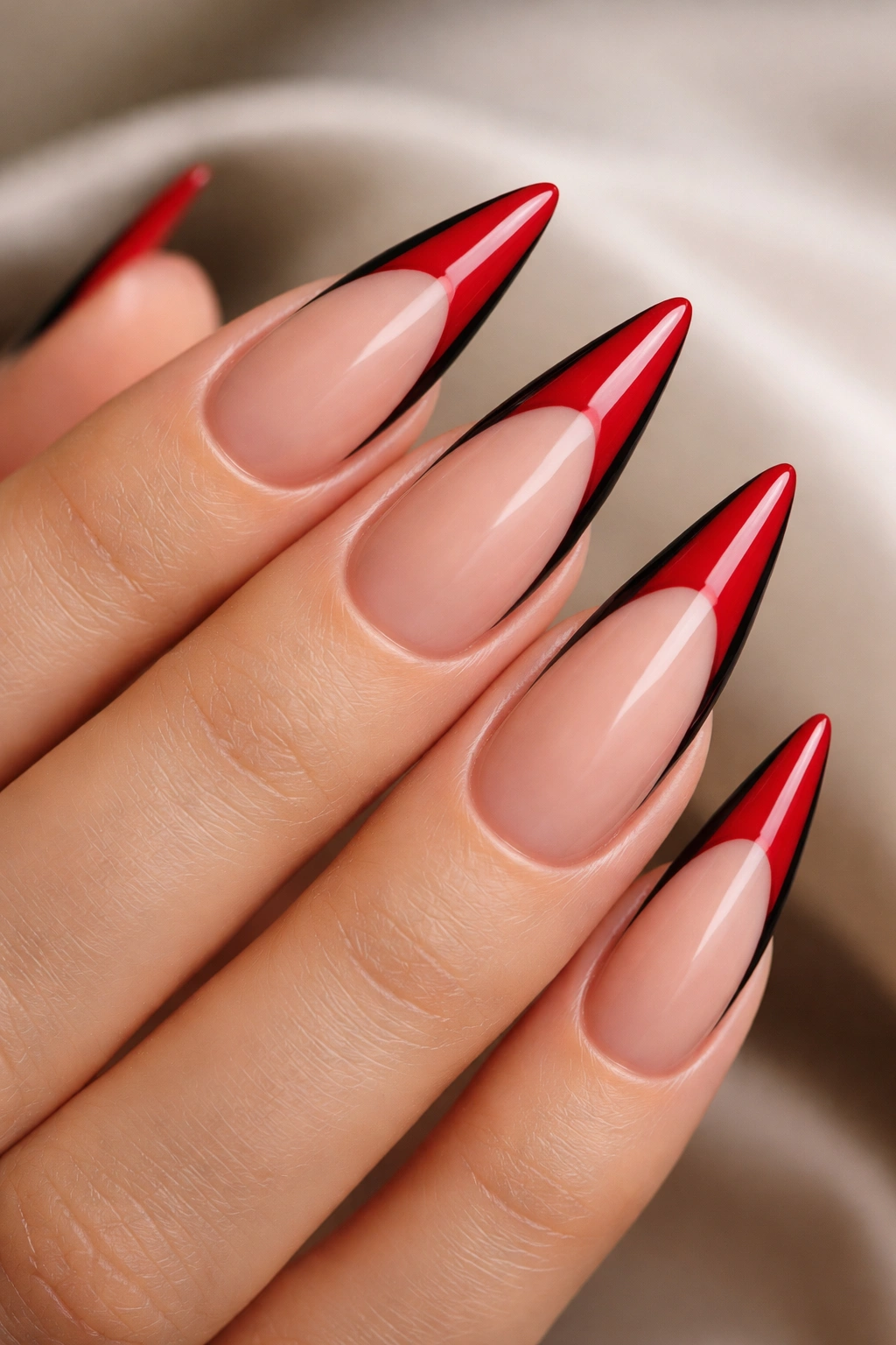Close-up of nude stiletto nails with red French tip and black underline design