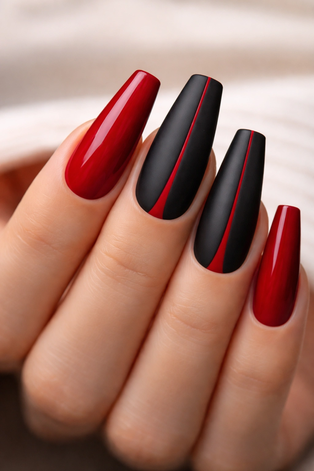 Close-up of coffin nails in classic half-moon red and black split