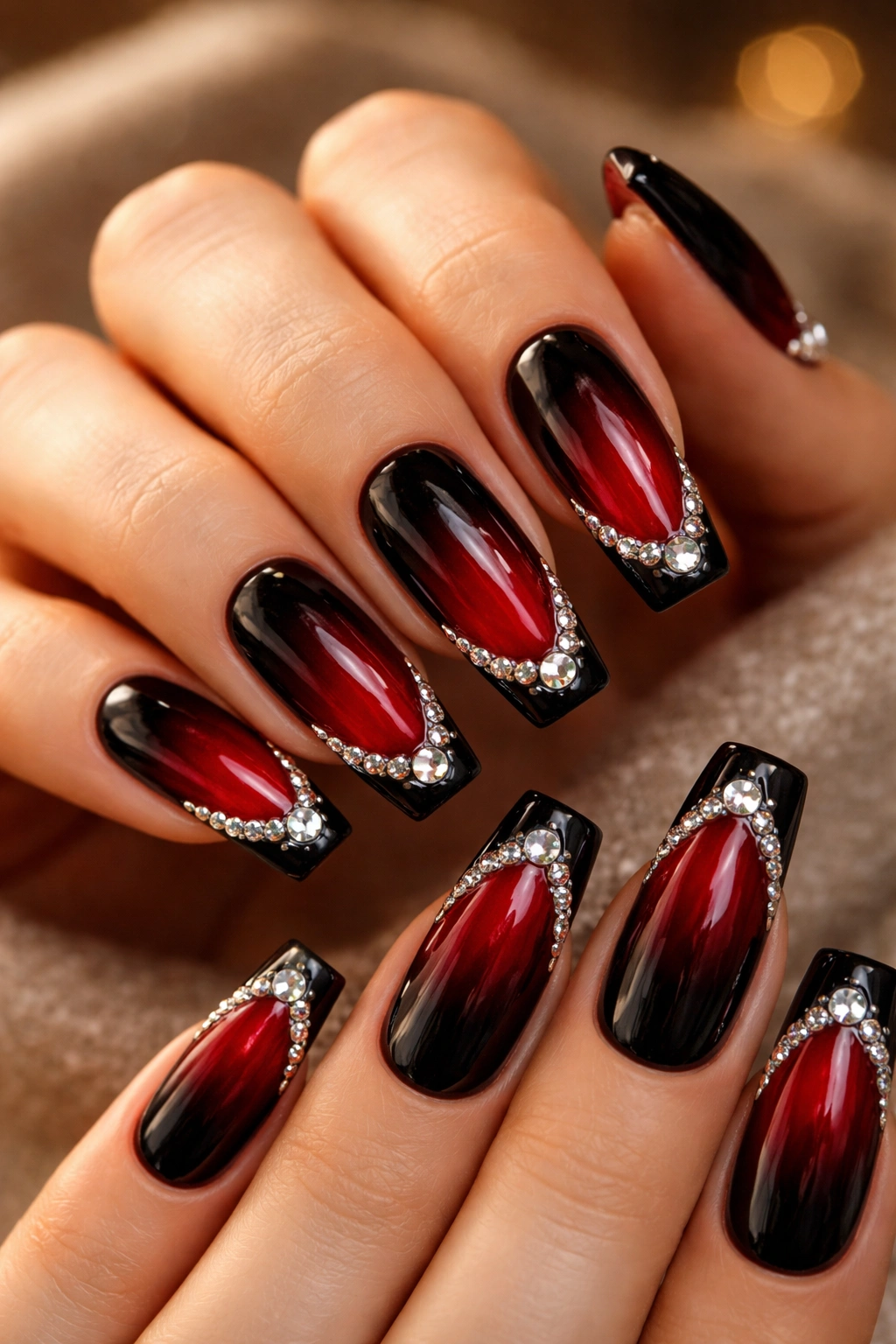 Red and black coffin nails with rhinestone accents