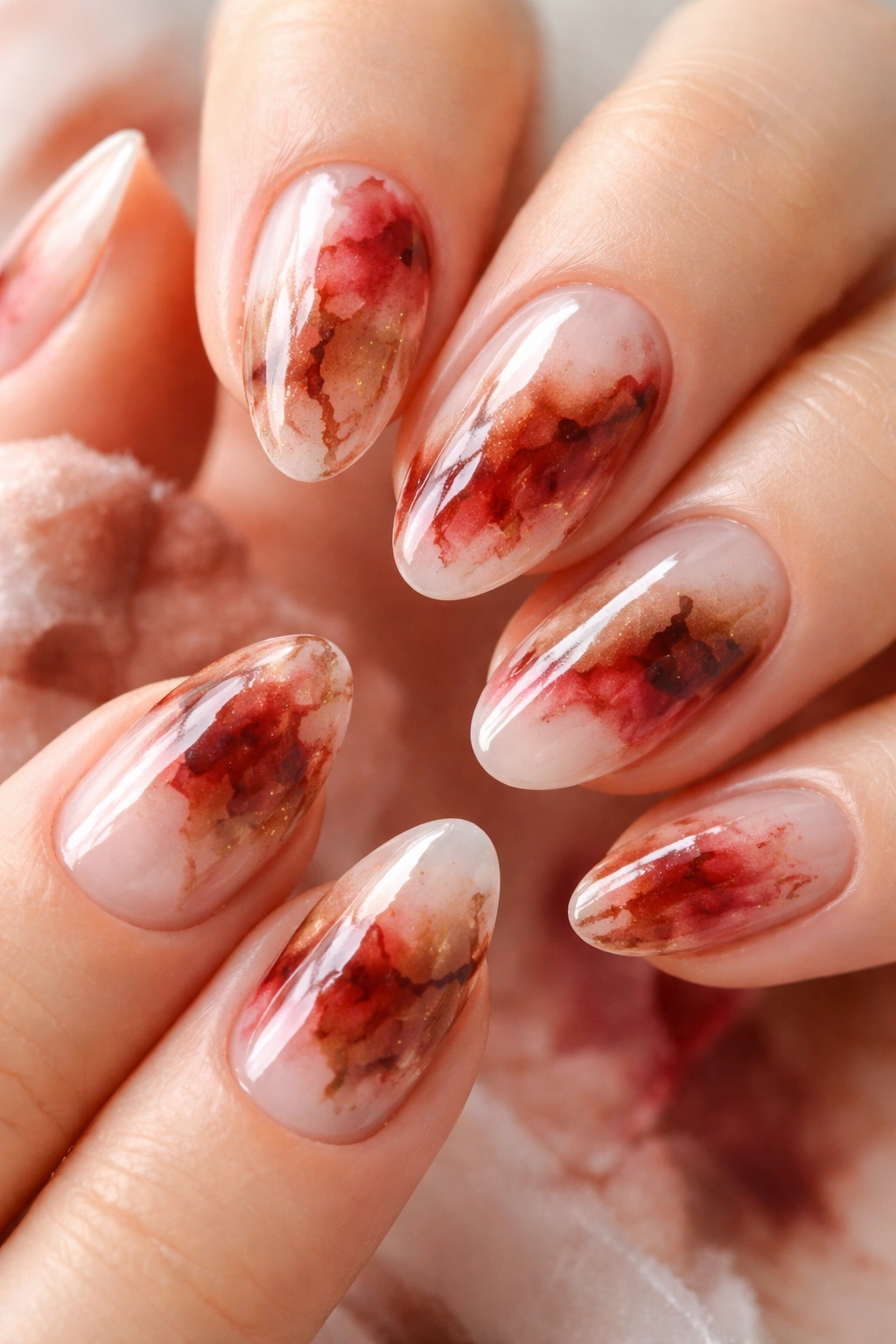 Close-up of short almond nails with red and brown watercolor abstract wash.