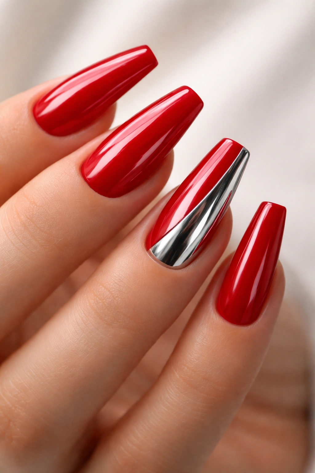 Close-up of medium coffin nails with red base and chrome accents