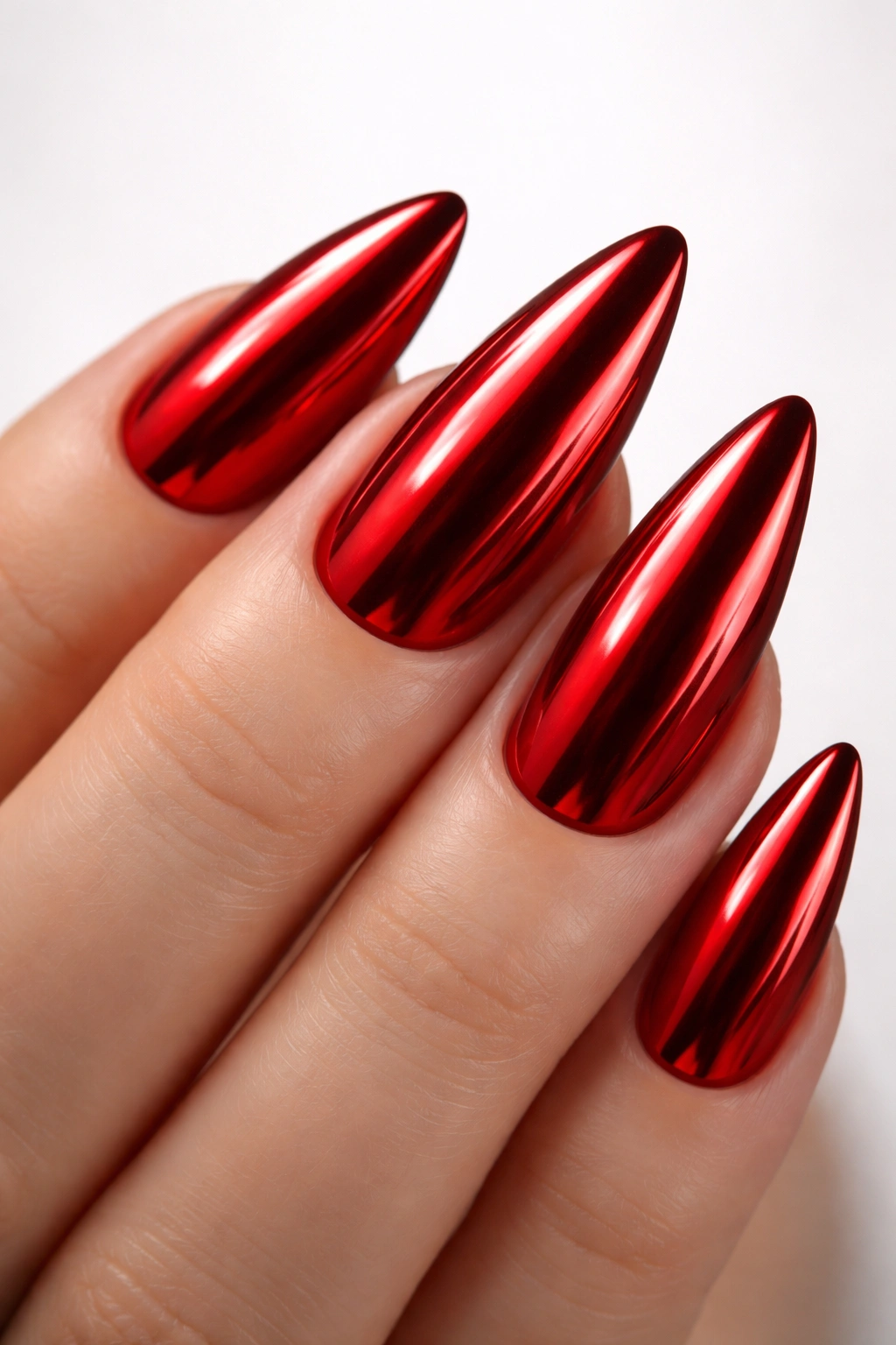 Close-up of almond-shaped red chrome nails with mirror finish