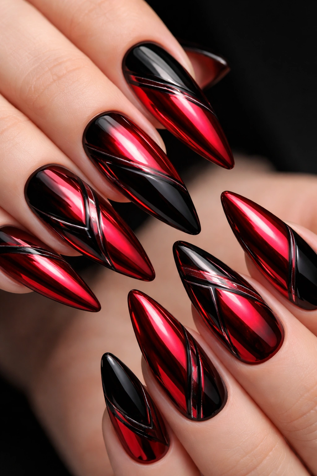 Close-up of red chrome nails with black accents in geometric patterns