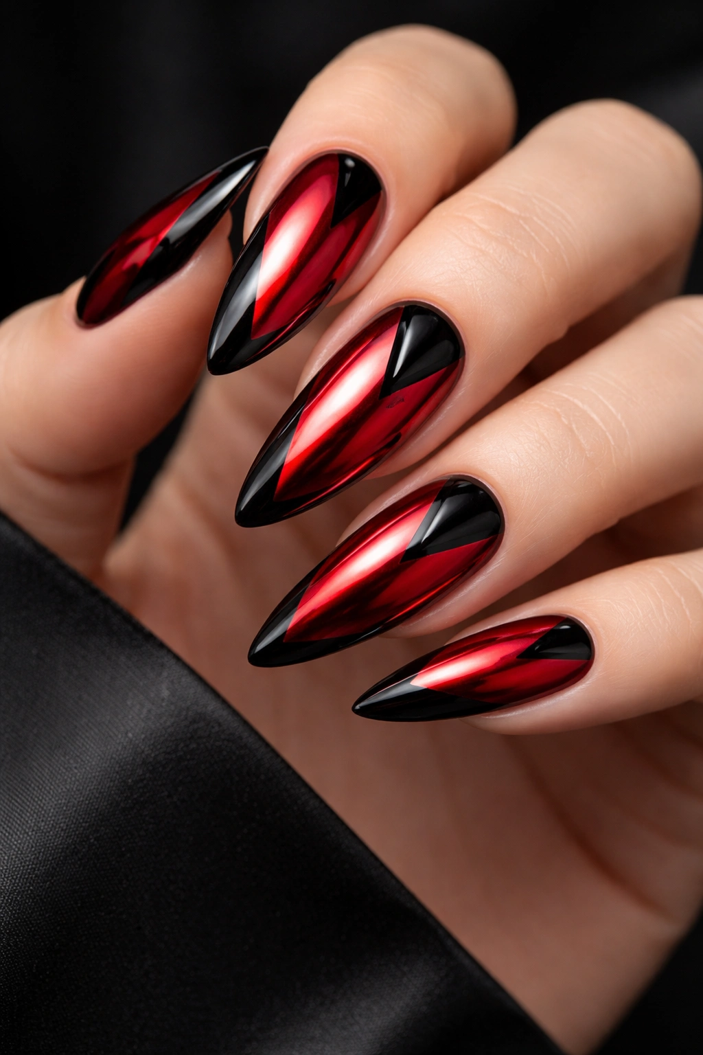 Close-up of red chrome nails with black geometric accents
