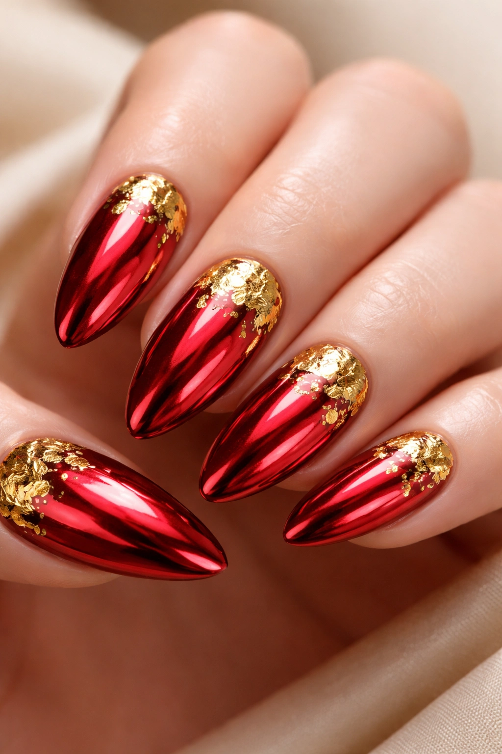 Close-up of red chrome nails with gold foil accents on a neutral backdrop