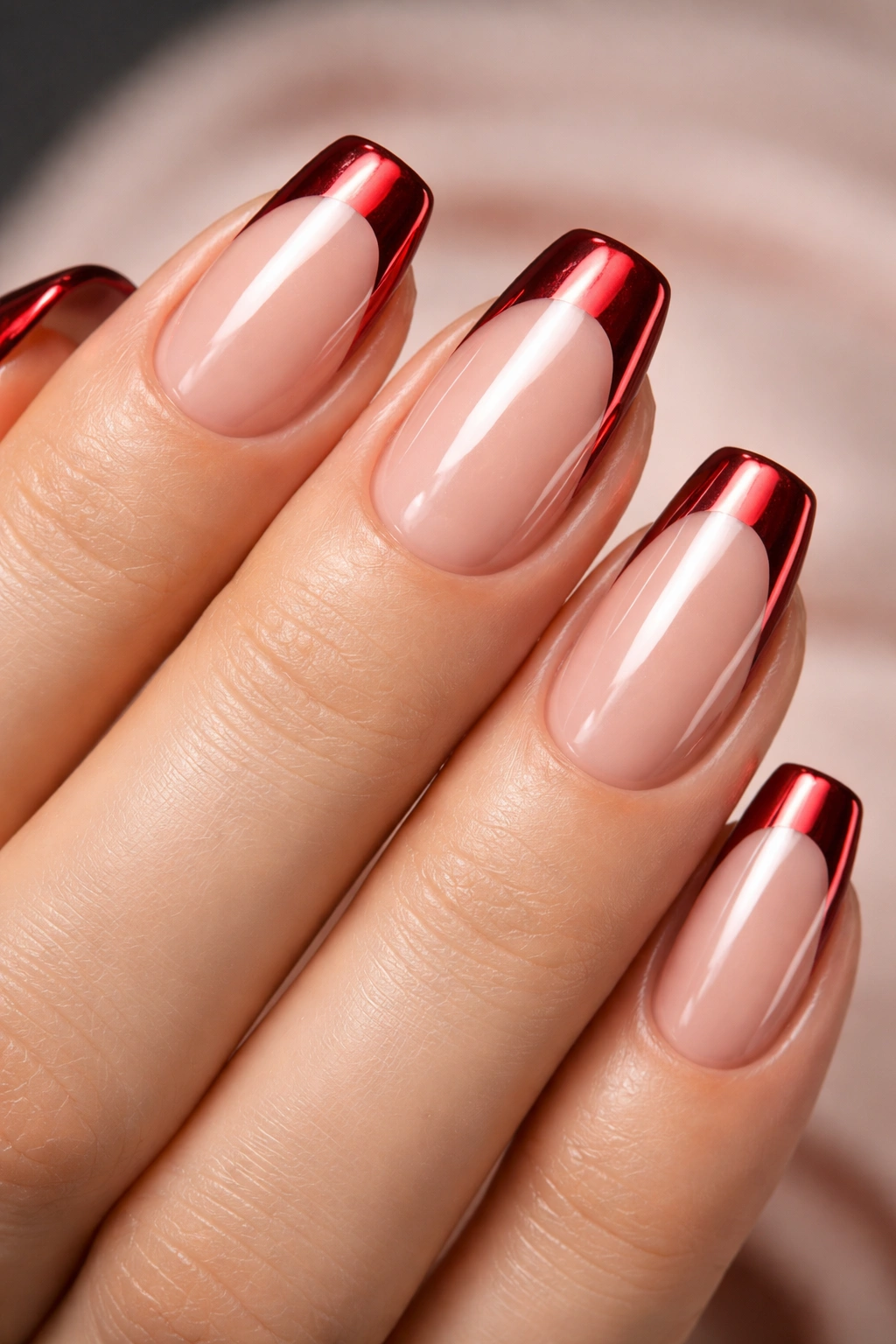 Nails with red chrome French tips on a sheer base
