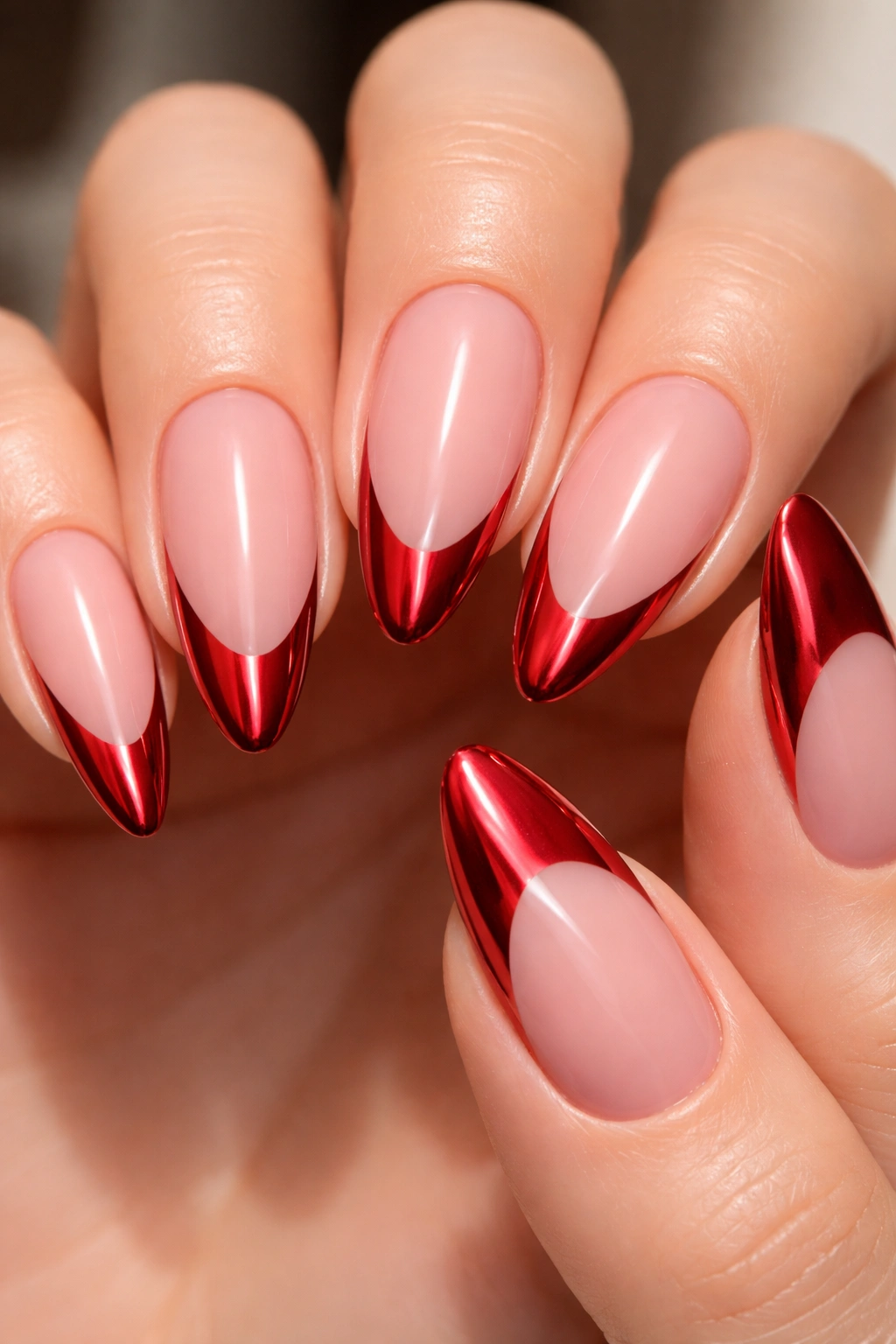 Almond nails with red chrome tips on a nude base