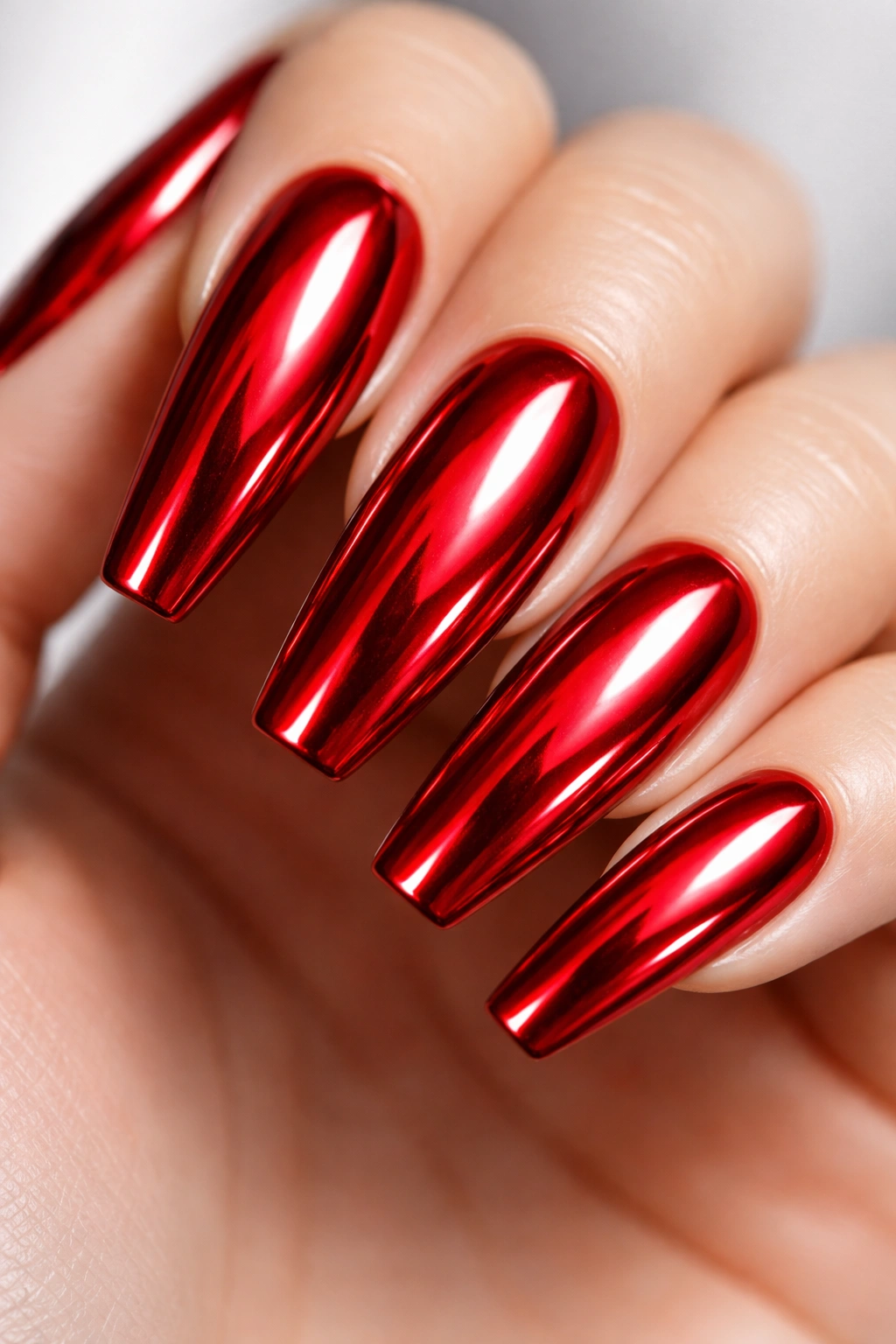 Red chrome nails with mirror-like reflective finish