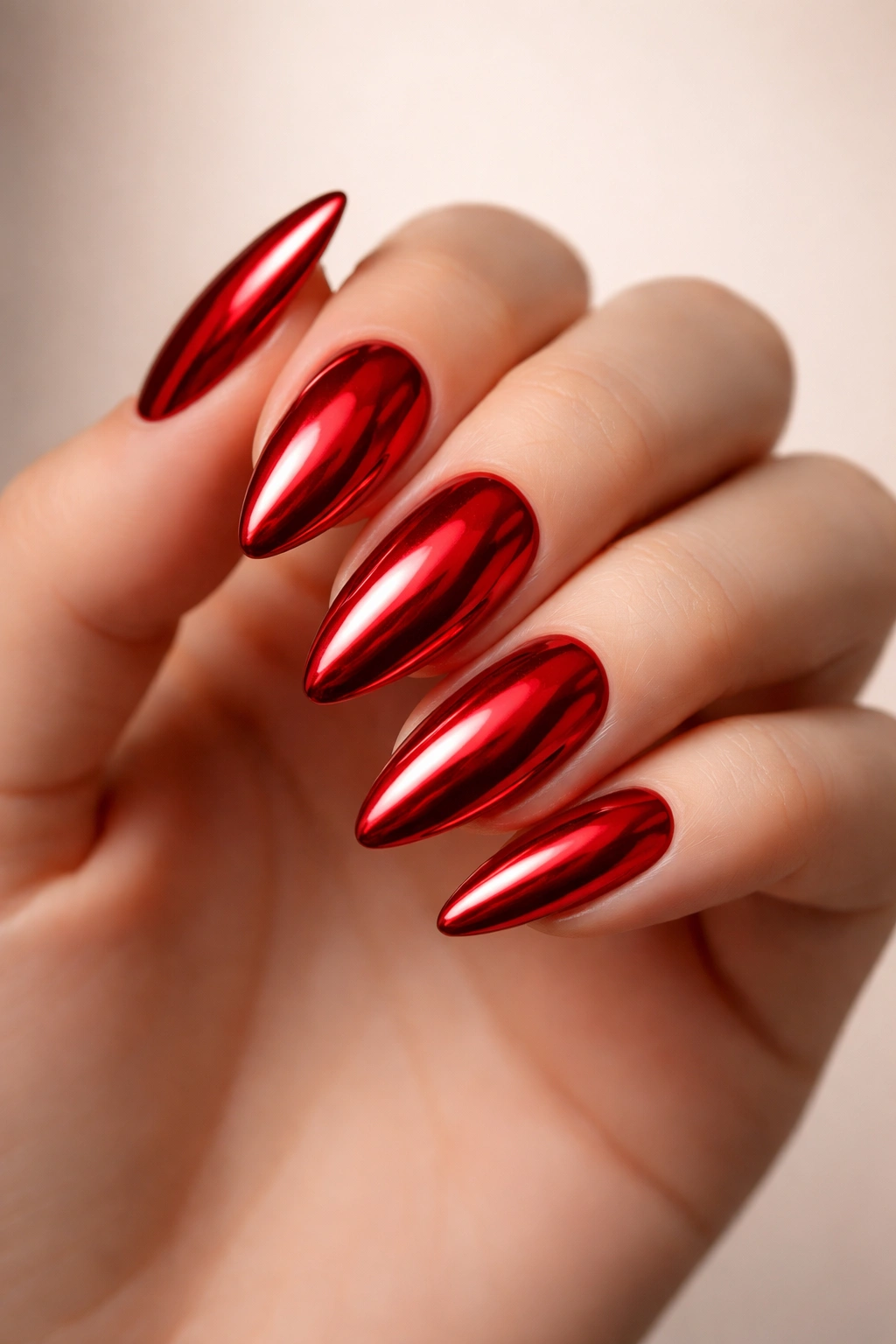 Close-up of almond-shaped red chrome nails with a mirror finish on a hand