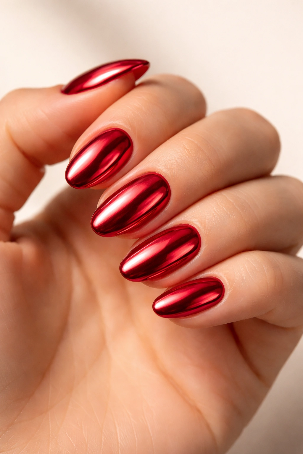 Close-up of red chrome almond nails on hand.