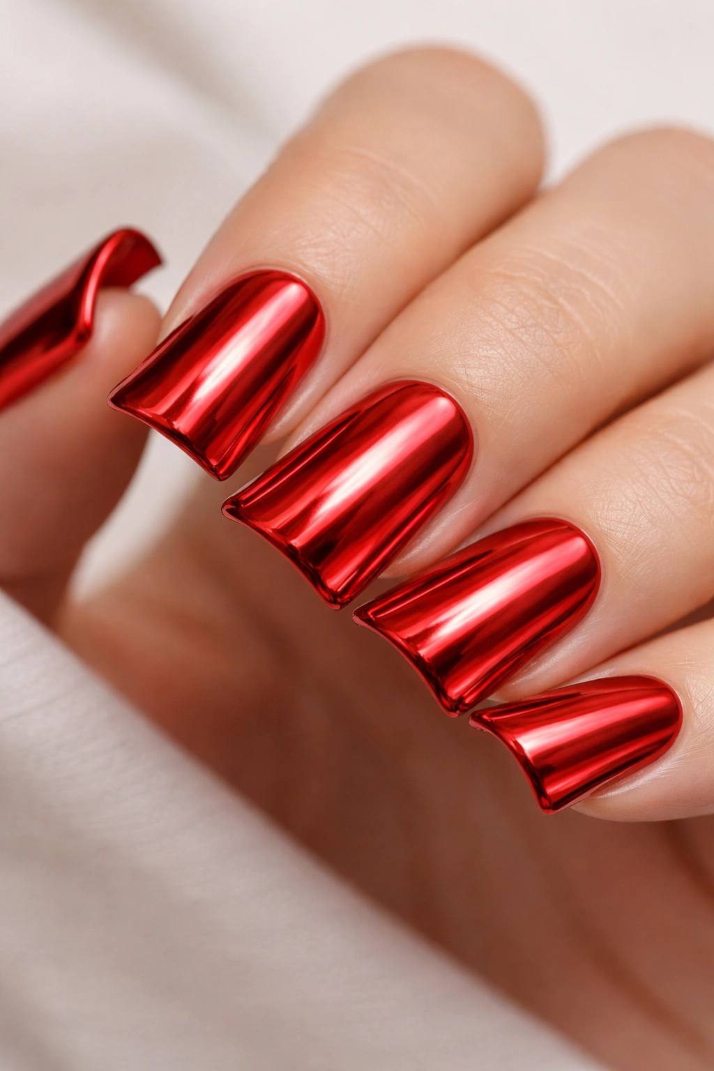 Close-up of red chrome duck nails with mirror-like finish