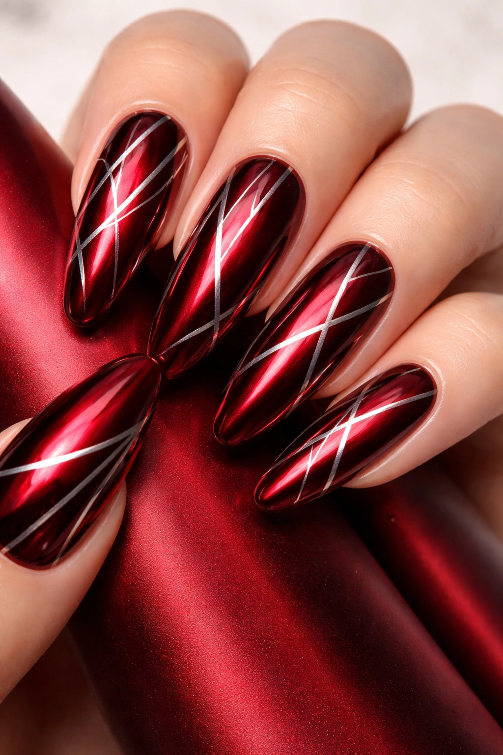 Deep red nails with chrome finish and geometric lines