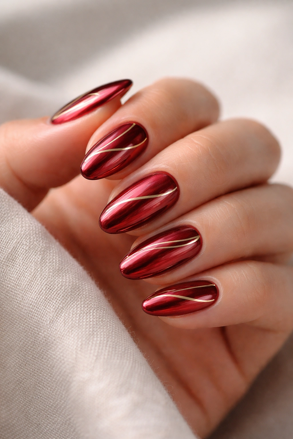 Close-up of short almond nails with red chrome and gold lines