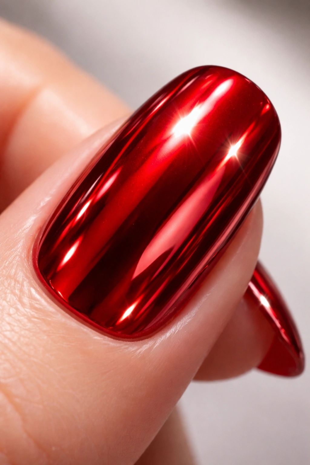 Close-up of a red chrome nail with mirror finish reflecting studio lights