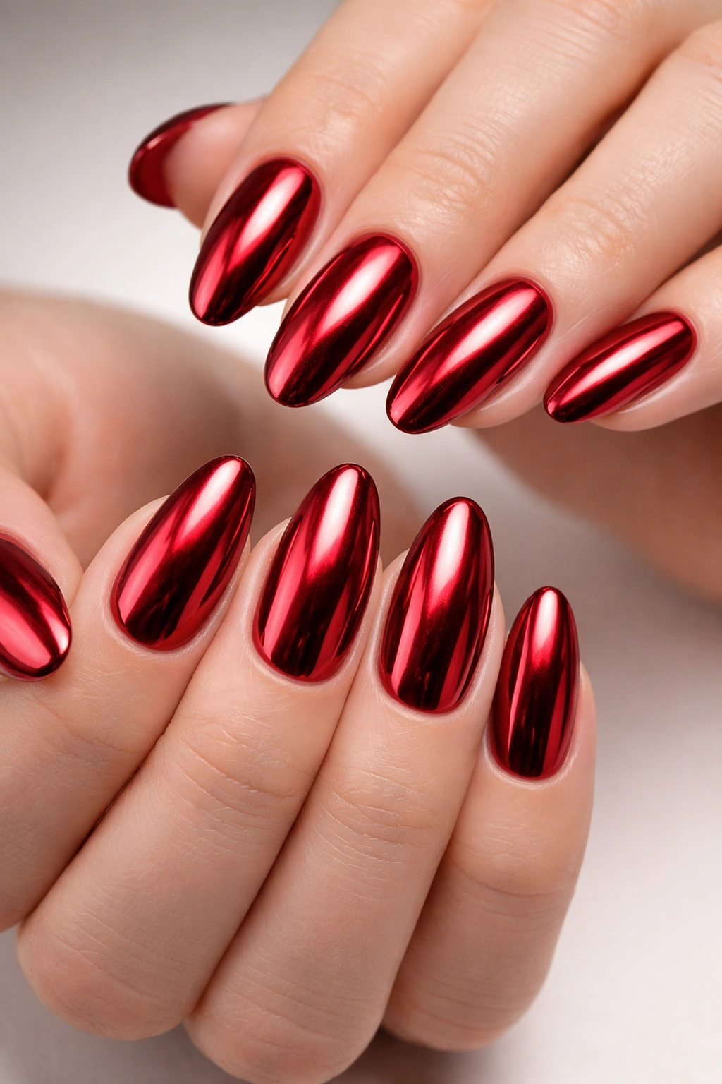Close-up of deep red chrome nails with mirror finish reflecting light