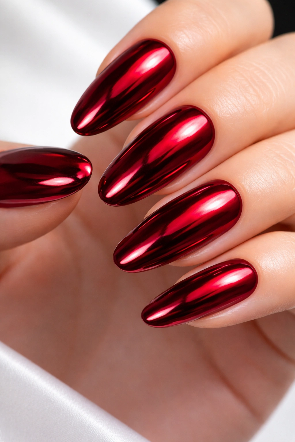 Long nails with deep red chrome mirror finish, highly reflective