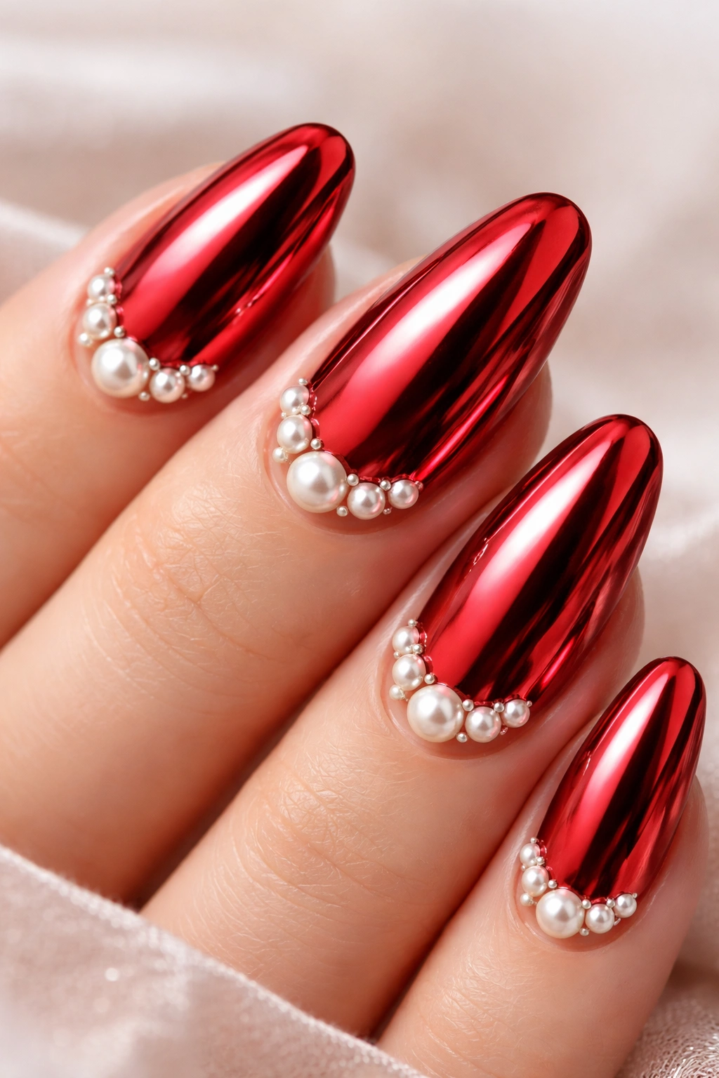 Close-up of red chrome nails with pearl accents on the base of the nails