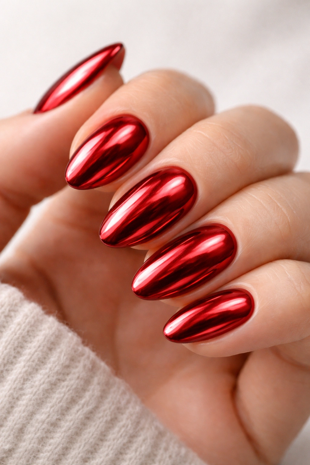 Short almond nails with glossy red chrome finish and reflective surface