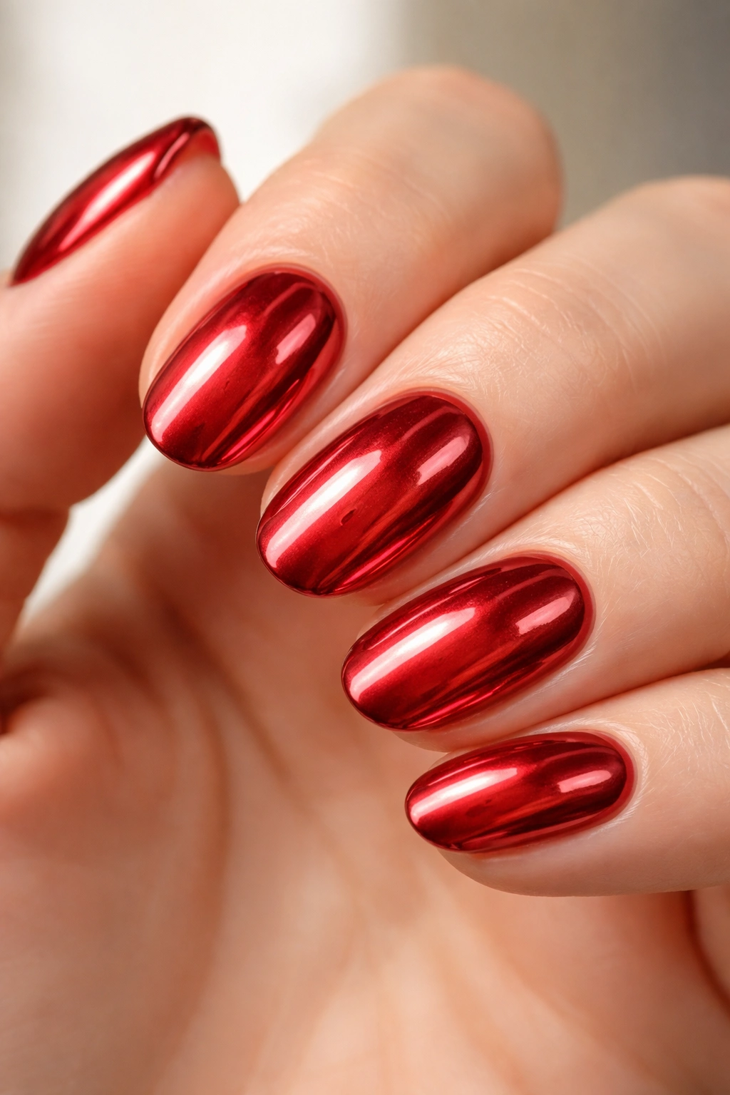 Close-up of red chrome short oval nails with reflective metallic finish.