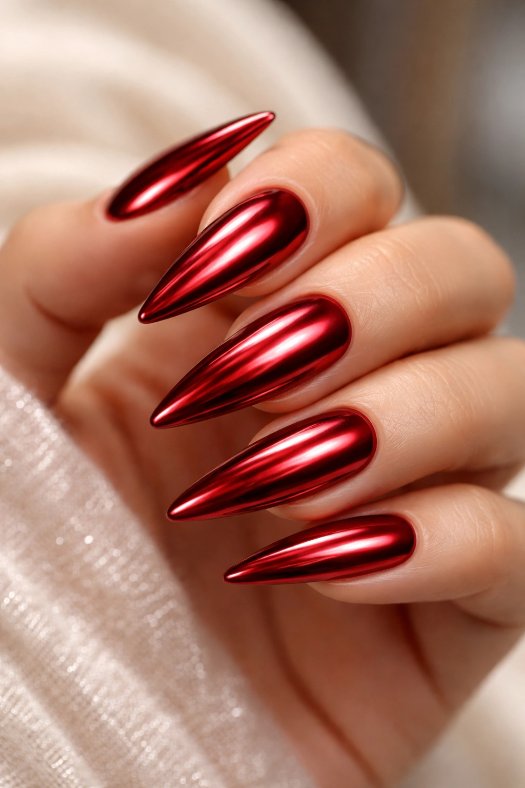 Close-up of red chrome stiletto nails with high-shine reflective finish