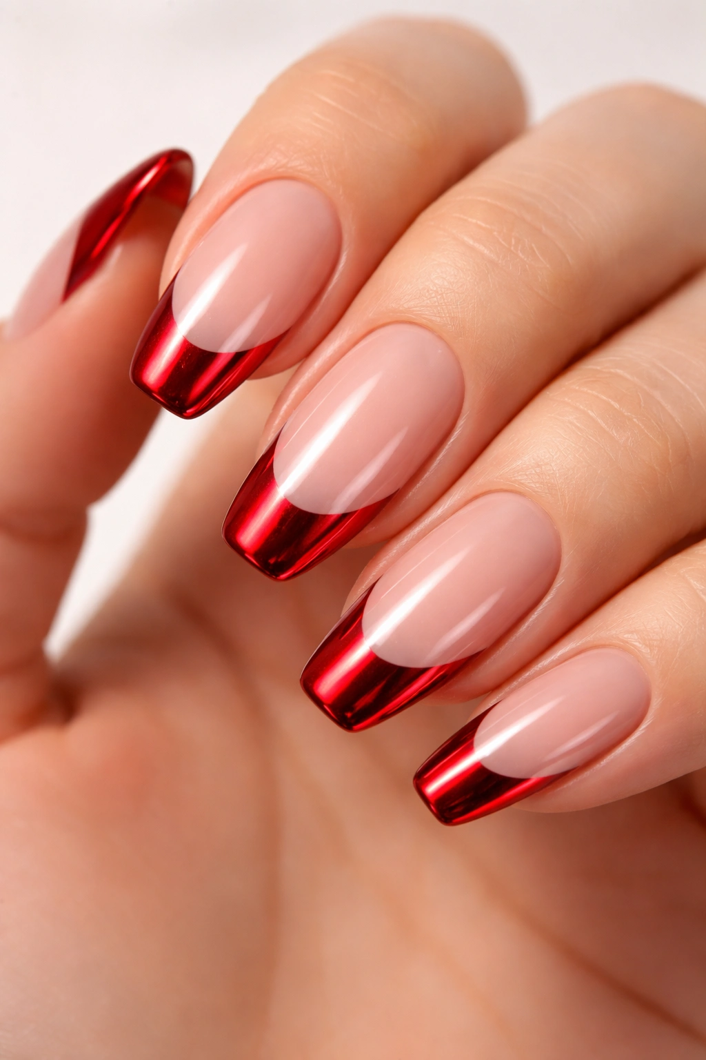 Close-up of red chrome French tip nails on hand