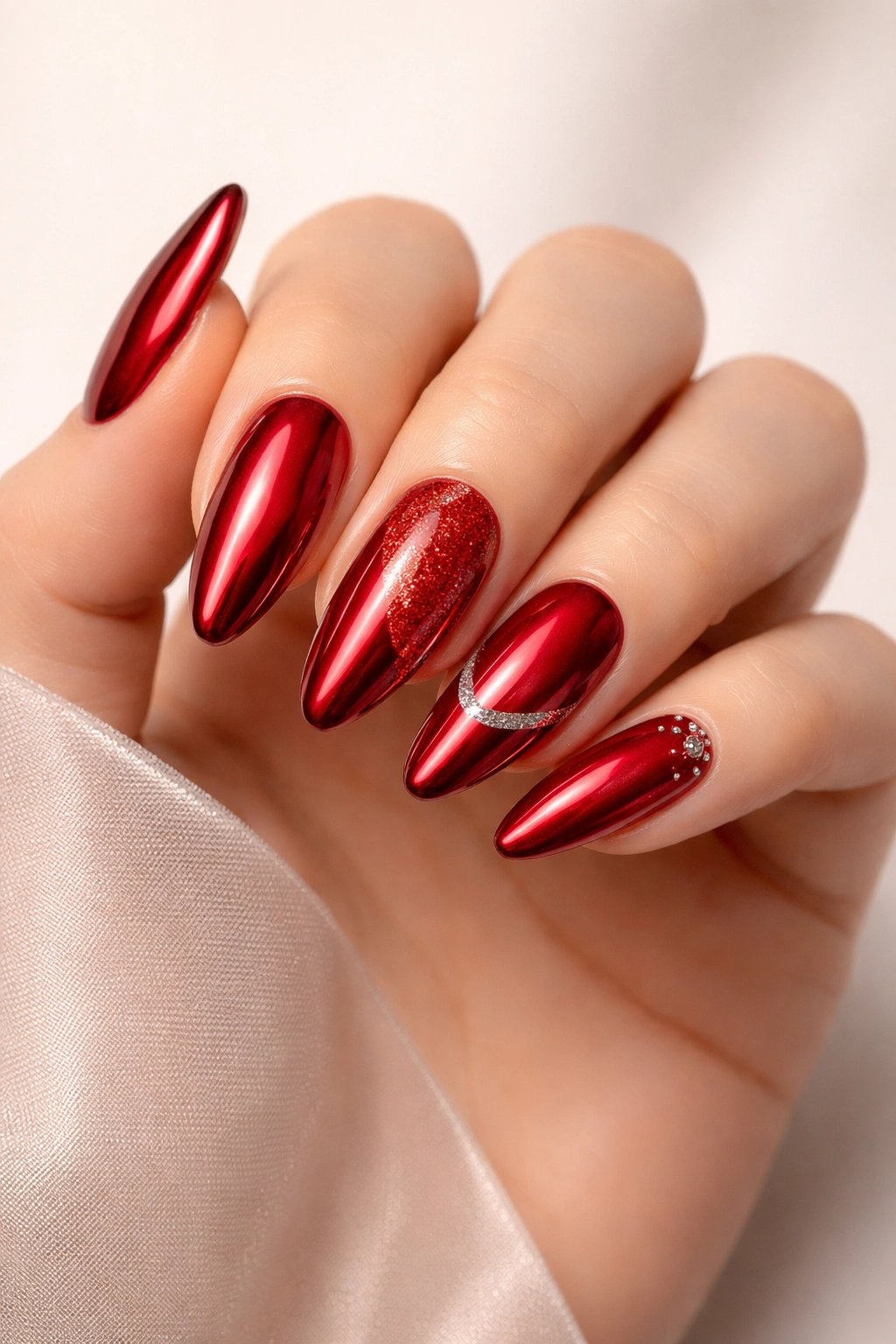 Close-up of red chrome nails showing versatile finishes for different occasions