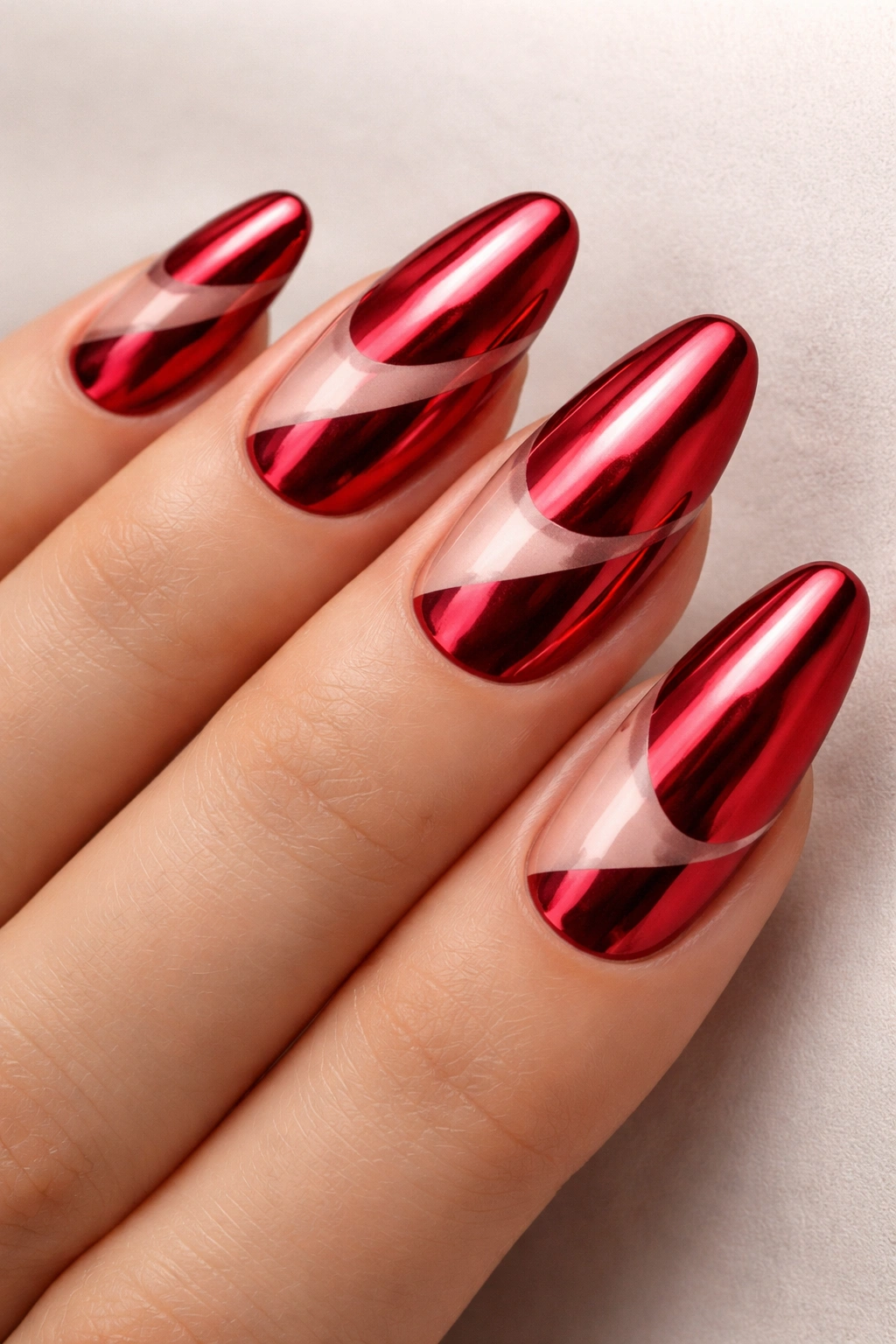 Close-up nails with red chrome and negative space patterns