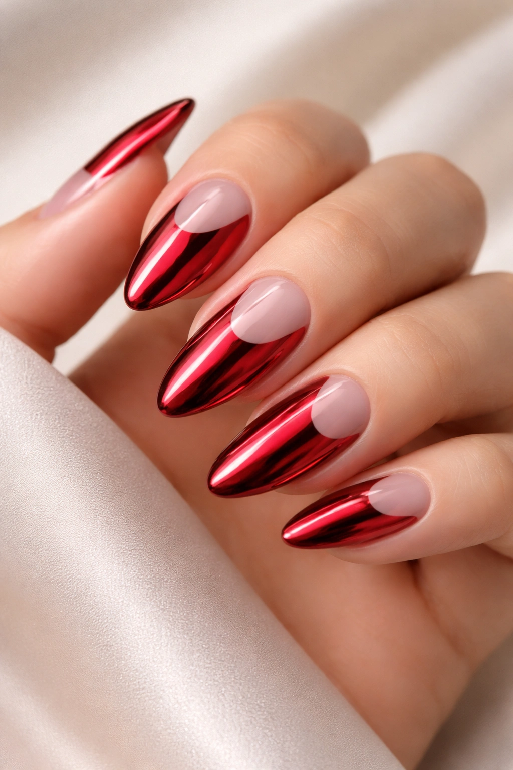 Close-up of red chrome nails with negative-space patterns