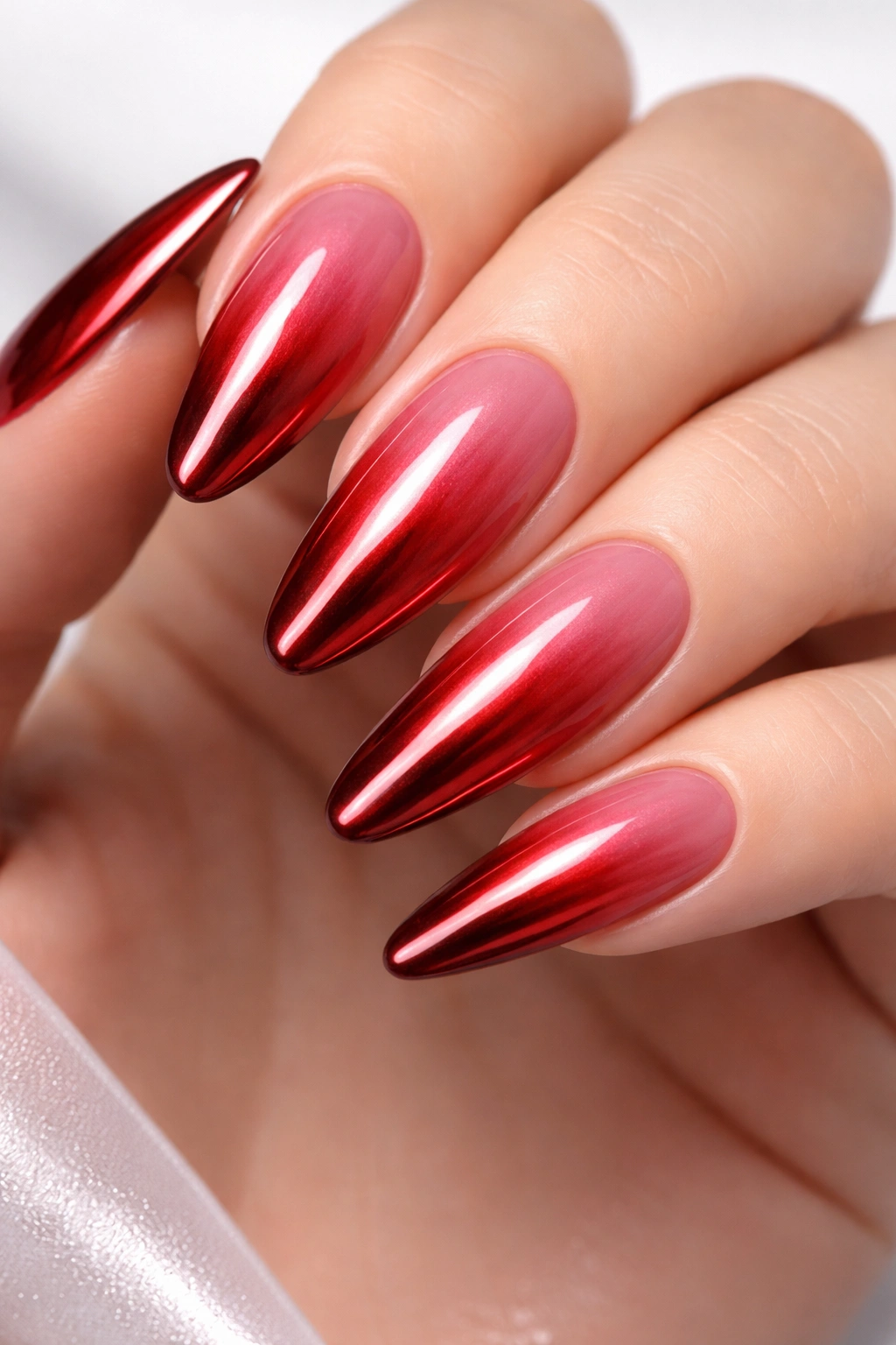 Red chrome ombré nails with reflective gradient