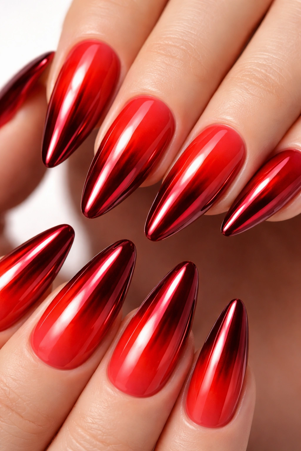 Close-up of red chrome ombre nails with reflective gradient