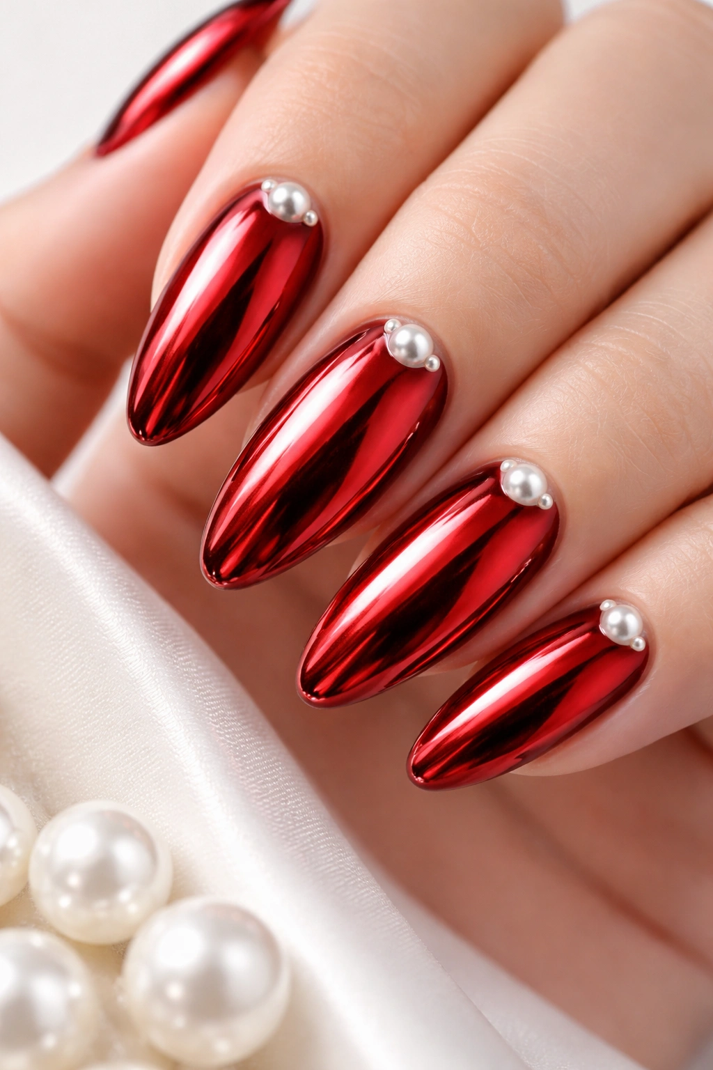 Close-up of red chrome nails with pearl accents