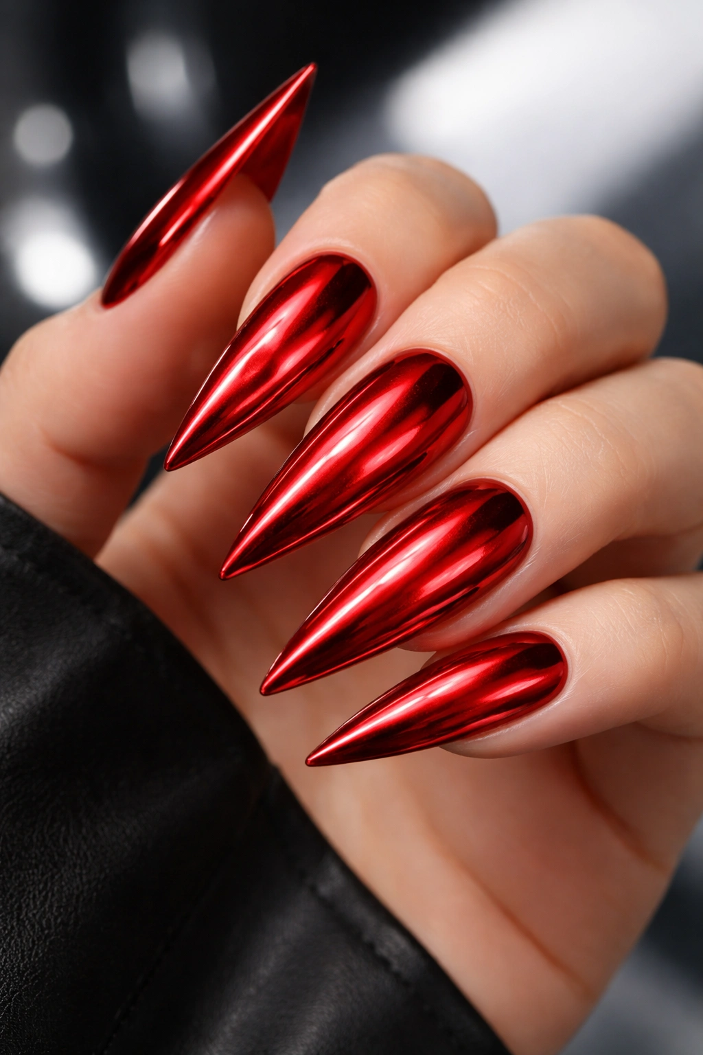 Close-up of red chrome stiletto nails with mirror shine